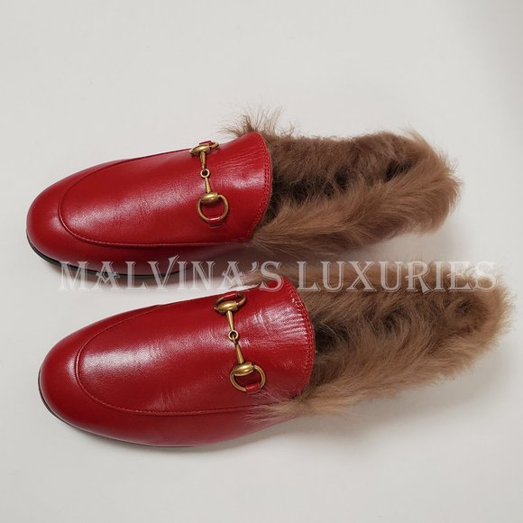 GUCCI SHOES JORDAAN HORSEBIT SHEARLING FUR RED LEATHER LOAFERS 37.5 7.5 US - Picture 5 of 16